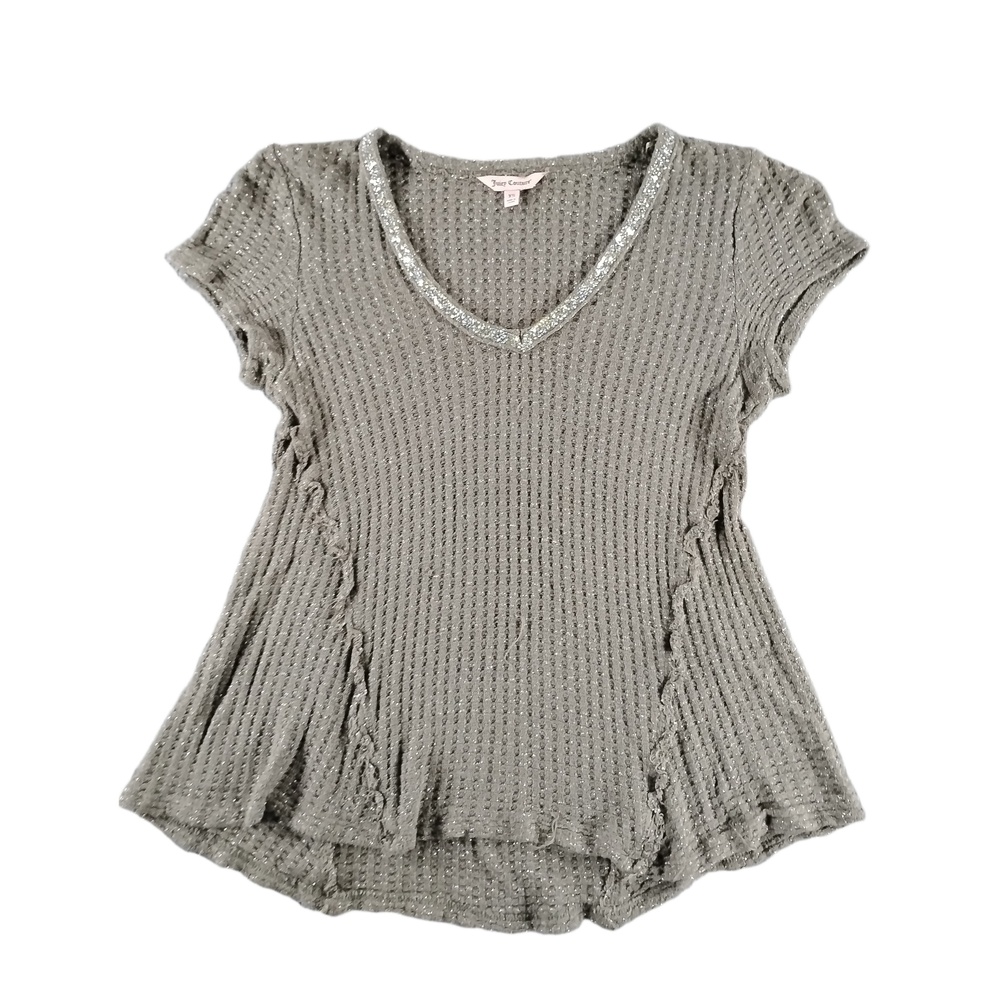 Juicy Couture XS Rhinestone Waffle Knit V-Neck Top Short Sleeve Embellished Tee